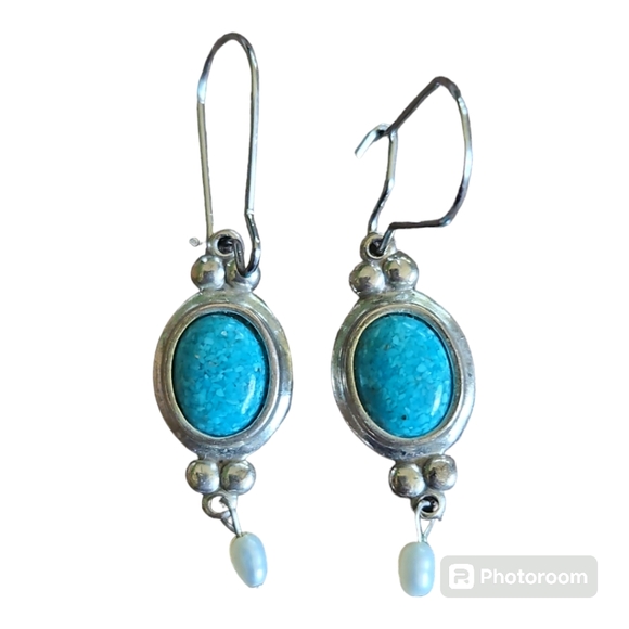 Sterling Silver, Turquoise, and Freshwater Pearl Drop Earrings - Picture 1 of 4